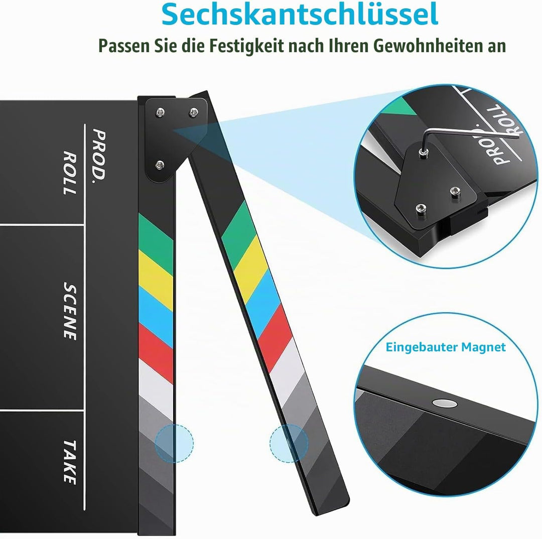 Temery Filmklappe, 30X25cm Regieklappe Synchronklappe Clapperboard mit 2 Pinsel, Leicht Abzuwischend