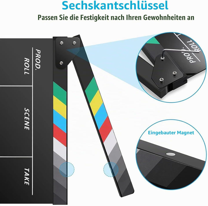 Temery Filmklappe, 30X25cm Regieklappe Synchronklappe Clapperboard mit 2 Pinsel, Leicht Abzuwischend