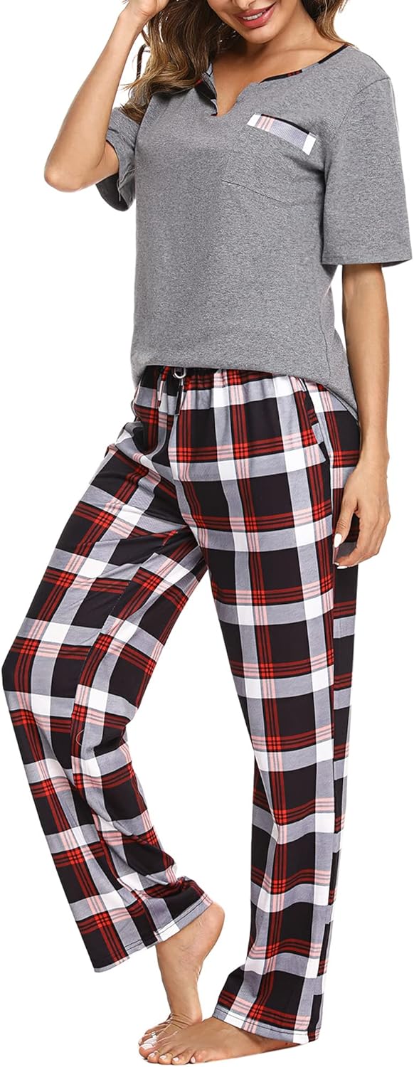 Bresdk Schlafanzug Damen Lang Kariert Kurzarm Pyjama Set Baumwolle Nachtwäsche XL Grau M964, XL Grau