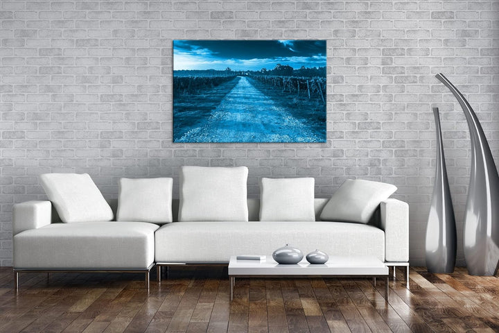Feldweg in der Toskana Format 80x60 Effekt: Monocrome Blau als Leinwandbild, Motiv fertig gerahmt au