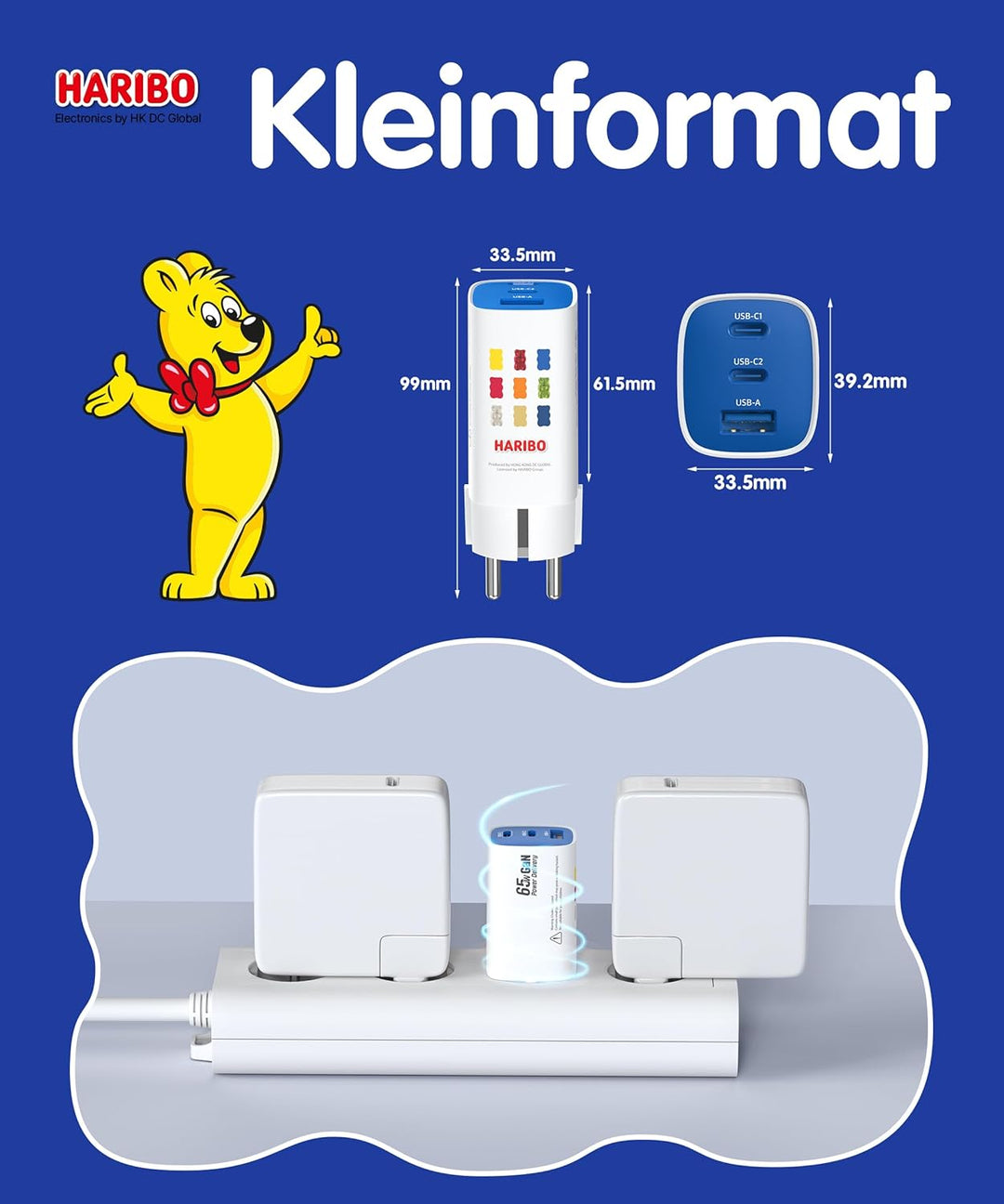 HARIBO USB C Ladegerät 65W 3-Port USB-C Netzteil Schnellladegerät PD PPS kompatibel mit MacBook, für