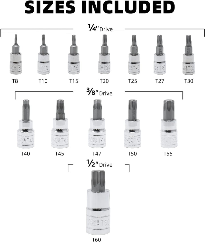 CCLIFE 13tlg Torx Bit Steckschlüsselsatz T8 -T60 bit set fur Drehmomentschlüssel und Bohrer, S2 Legi