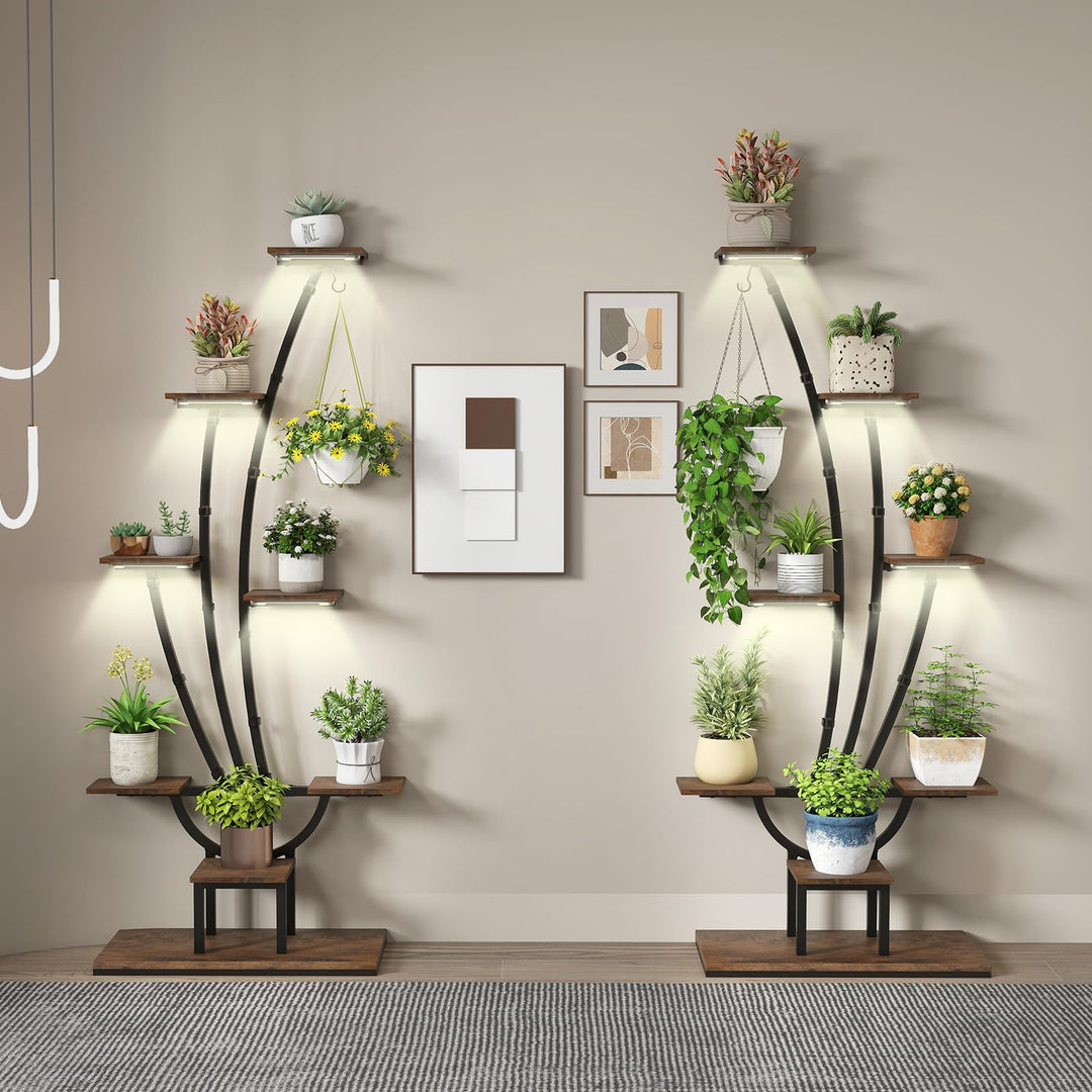 COSTWAY 2 Pack Pflanzenständer mit Wachstumslichtern, 8-stöckiges Pflanzenregal, Blumenständer Innen