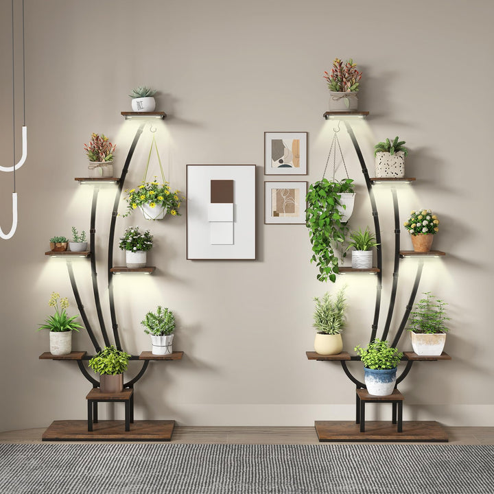 COSTWAY 2 Pack Pflanzenständer mit Wachstumslichtern, 8-stöckiges Pflanzenregal, Blumenständer Innen