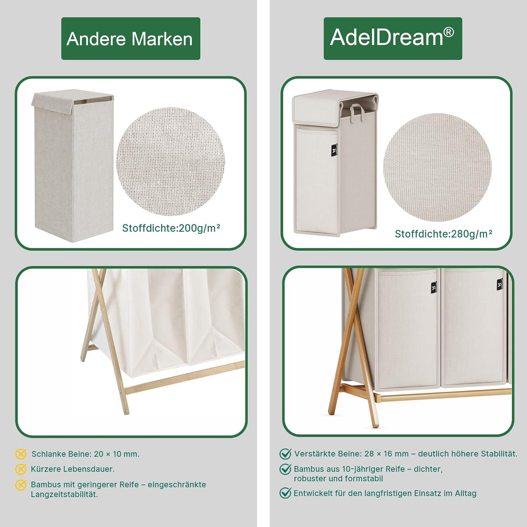 AdelDream Wäschekorb 3 Fächer 150L Bambus Wäschesammler Wäsche Sortiersystem X-förmige Wäschebox lau