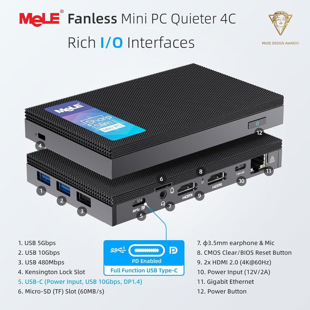 MeLE Mini PC Lüfterloser Quieter4C N150(4C/4T, bis zu 3.6Ghz) USB-C Display 32GB RAM 512GB Speicher