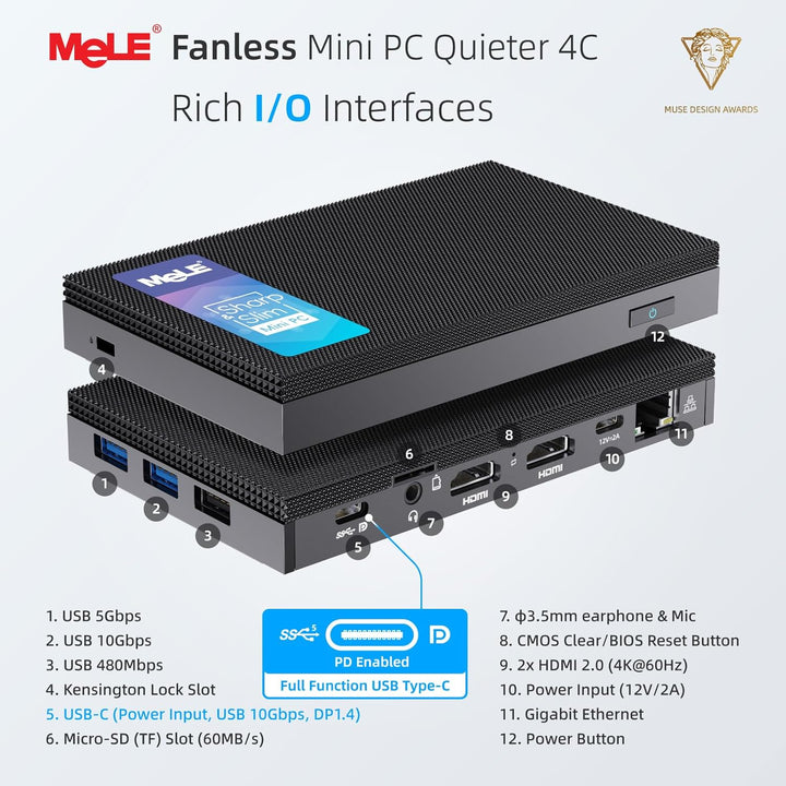 MeLE Mini PC Lüfterloser Quieter4C N150(4C/4T, bis zu 3.6Ghz) USB-C Display 8GB RAM 256GB Speicher D