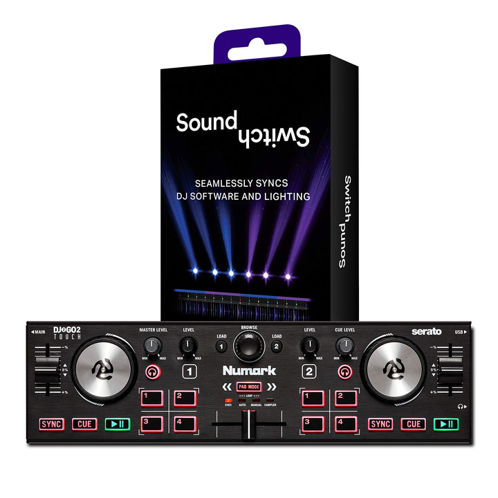 Numark DJ2GO2 Touch + SoundSwitch Micro DMX Interface - 2-Deck USB DJ-Controller für Serato DJ mit M