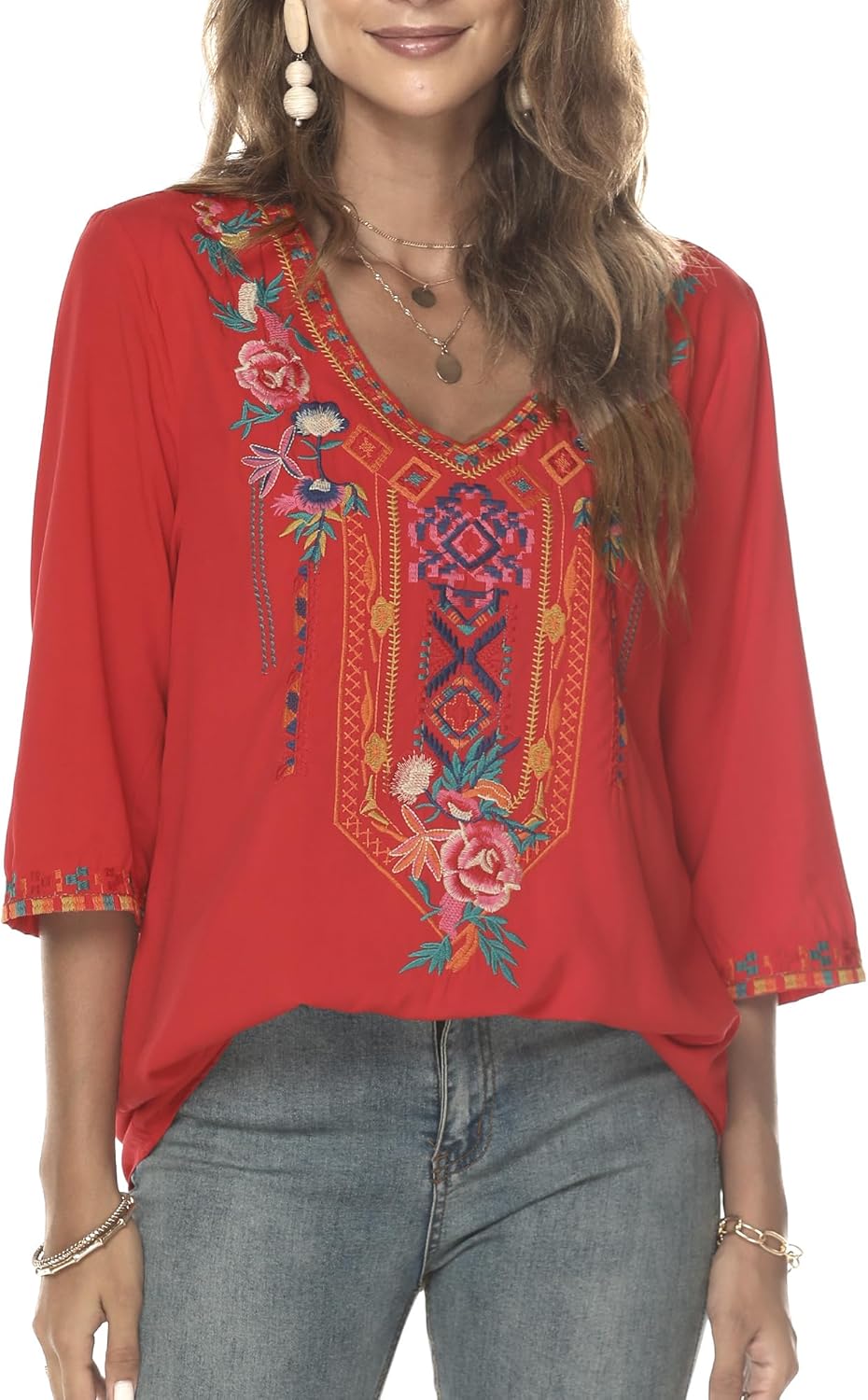 Hippie Kleidung Damen Bohemian Folklore Stickerei Bluse 3/4 äRmel V Ausschnitt Tunika Sommer LäSsige