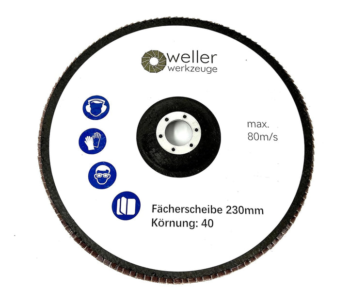 WELLERWERKZEUGE | 4er SET Fächerscheiben Ø 230mm x 22,23 Körnung 40/60/80/120 Schleifscheiben Lamell