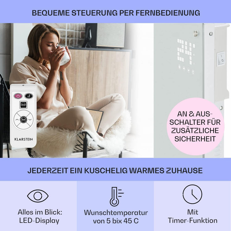 Klarstein Elektroheizung, Konvektor-Heizung mit Bodenrollen, Mobile Elektroheizung Energiesparend, S