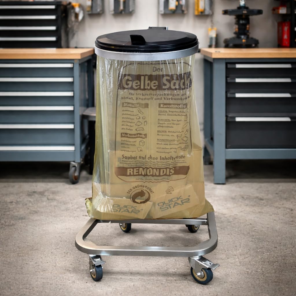 QUICK STAR Müllsackständer mit Deckel und 4 Rollen | Metall Müllsackhalter 120 Liter | Stabiler Müll