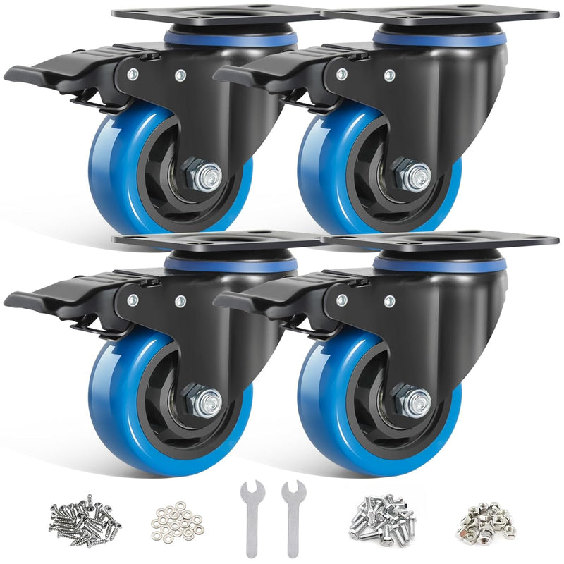 BAOLIHUI 75mm Blaue Lenkrollen 4pcs-Set Möbelrollen bis 500KG, 360° Drehung Schwerlastrollen mit Bre