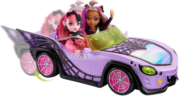 Monster High Spielzeugauto, Ghoul Mobile mit Tierfigur und coolem Zubehör, lilafarbenes Cabrio mit S
