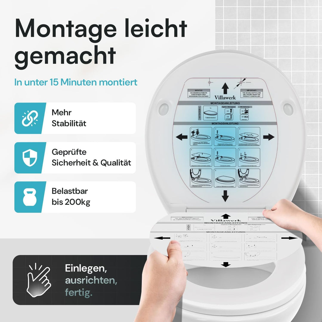 Toilettendeckel mit Absenkautomatik – geprüft von der DEKRA – kratzfest, Soft-Touch, 200kg belastbar