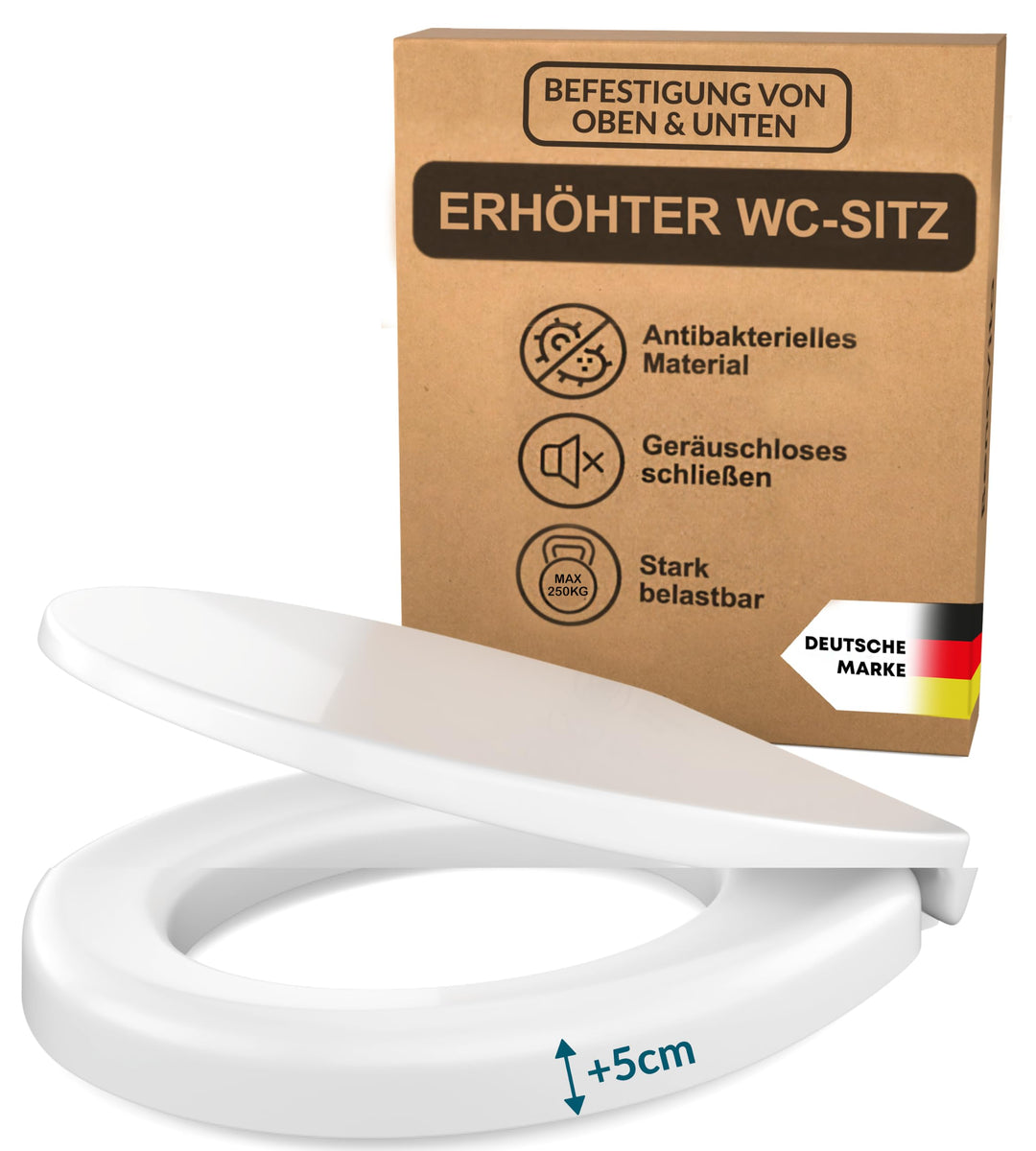 Premium WC Sitzerhöhung 5 cm aus Duroplast - Erhöhter Toilettensitz für bequemes Sitzen inkl. Absenk
