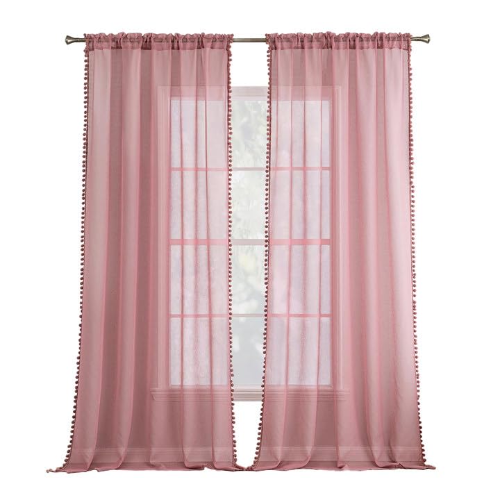 MIULEE Gardinen mit Pompons-Hübsche Altrosa Transparent Gardinen für Kinderzimmer Mädchen, 2 Stücke