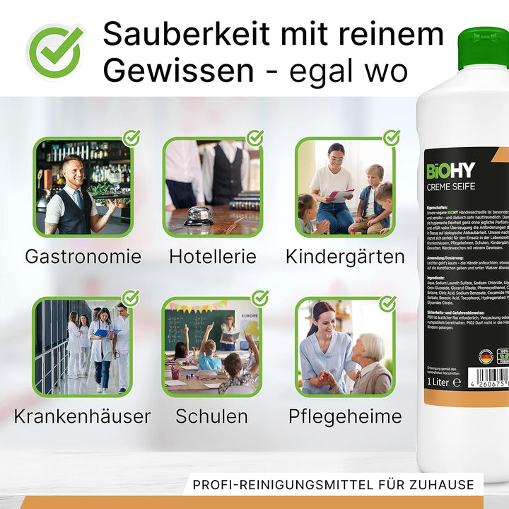 BiOHY Creme Seife (6 x 1 Liter) + Pumpspender | Hautschonende, rückfettende & geruchsneutrale Handse