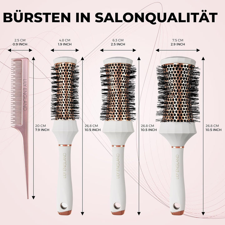 Lily England Runde Haarbürste Set, 4 Stück Professional Blow Dry Kit mit 3 runden Bürsten und Kamm f