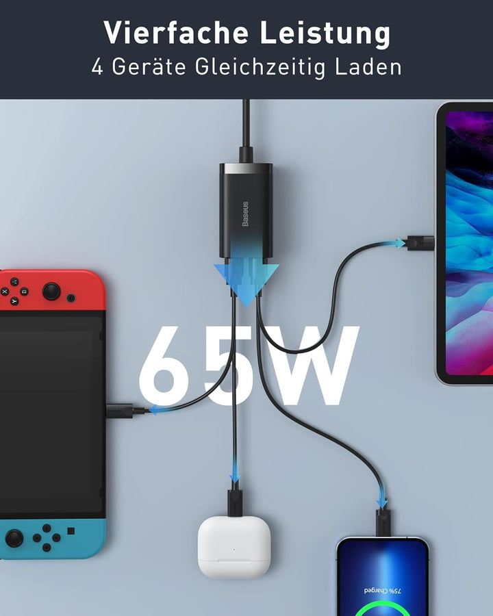 Baseus USB C Ladegerät, 65W USB C Netzteil 4 Ports GaN Charger mit 1.5m AC Kabel und 100W USB C Kabe