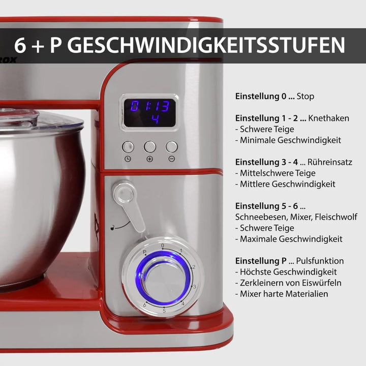 Syntrox Küchenmaschine Glumya Edelstahl 7 Liter Küchengerät & Fleischwolf, Zubehör für Teig und Crem