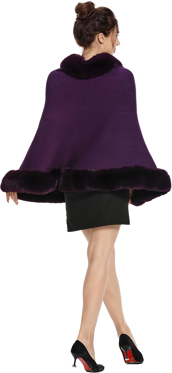 ZLYC Damen Winter Kunstpelz Poncho Cape Strick Schal Stola Warm Cardigan Violett, Violett