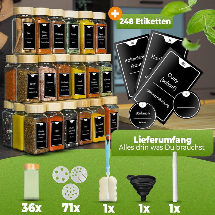 Gewürzgläser eckig [36 x 125ml], Luftdichte Gewürzgläser mit Streueinsatz + 248 wasserfeste Gewürzet