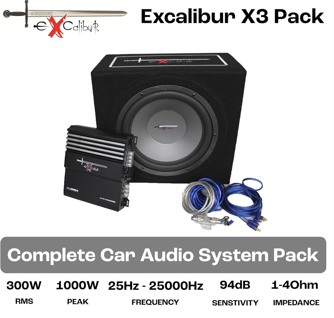 AutoStyle Excalibur X.3 Extreme Reflex-Bass-Boxen-Set, 30,5 cm, mit 1000 W Verstärker, Kabelset und