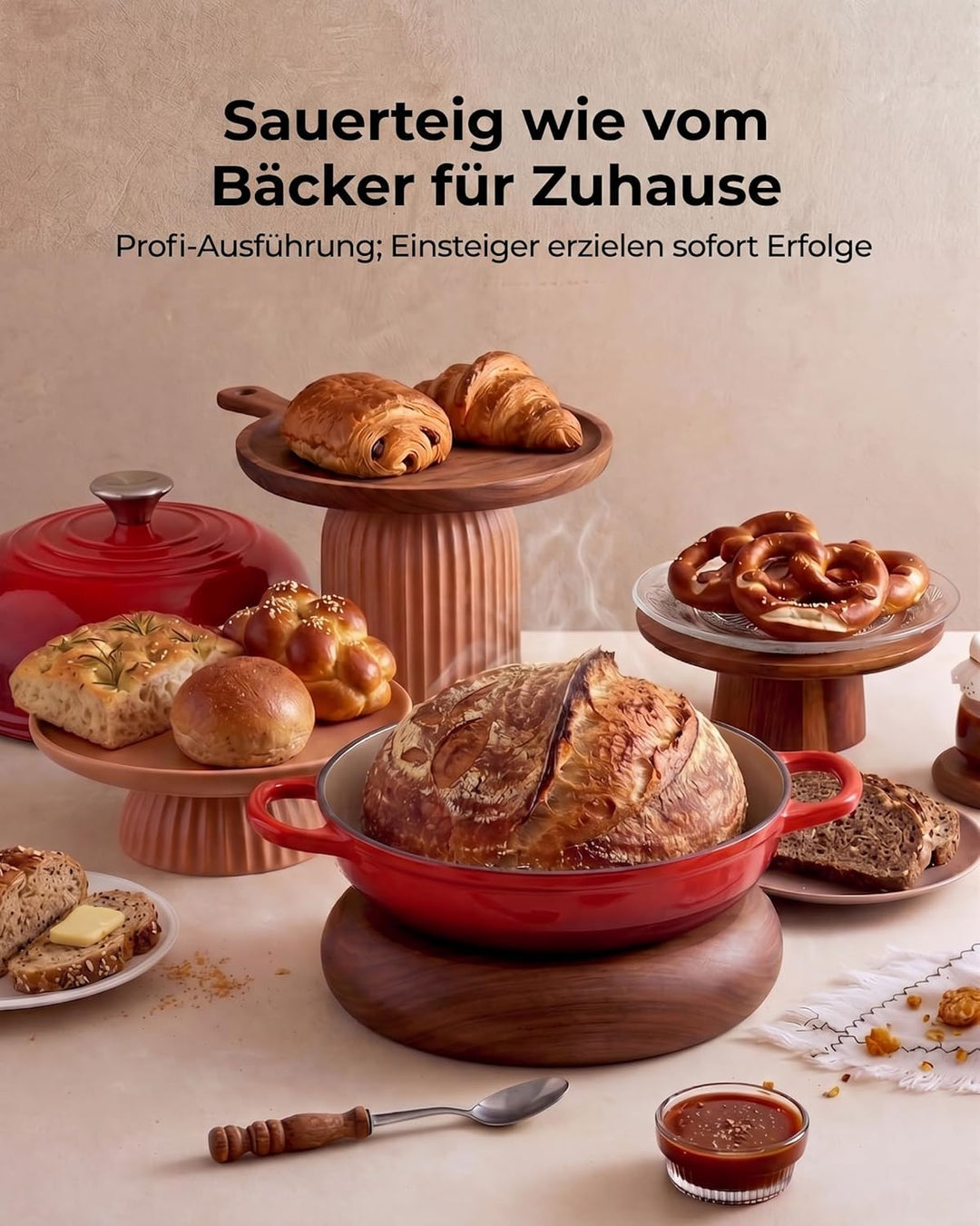 Gusseisen Topf Brot Backen, 4,7L Bräter Emaille Schmortopf mit Deckel und Griffen, 24 cm Dutch Oven,