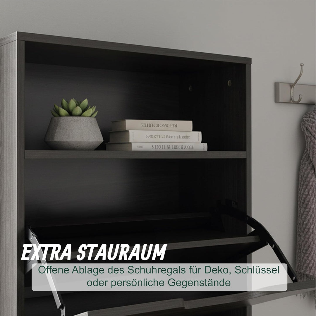 Relaxdays Schuhschrank mit Ablage, HBT 102x80x24 cm, für 12 Paar, 2 Klappen, Flur, schmaler Schuhkip