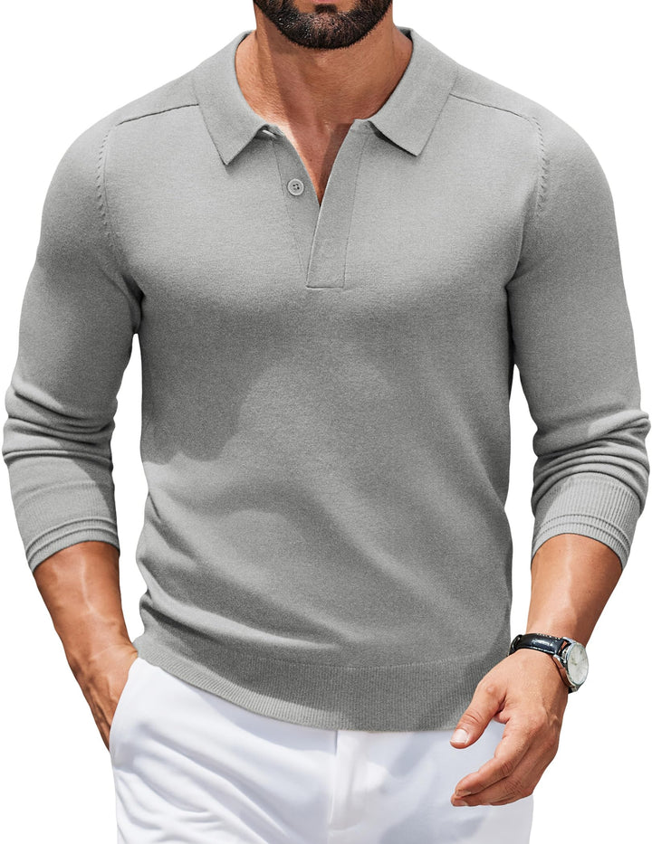 COOFANDY Strickpullover Herren Poloshirt Langarm Polo Pullover Pulli mit Polokragen Versteckte Knopf