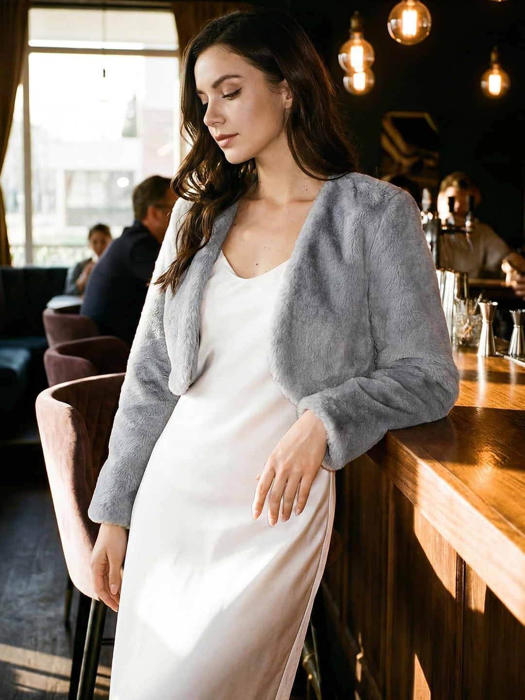 Allegra K Damen Bolero Langarm Braut Winterjacke Kurz Geschnittene Offenem Fell Kunstpelz Hochzeits