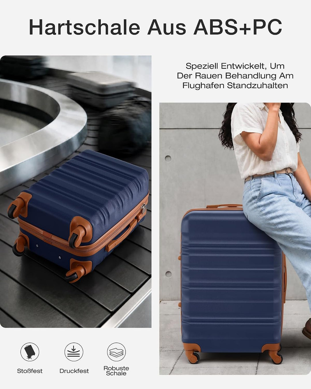 COOLIFE Hartschalen-Koffer Trolley Rollkoffer Reisekoffer mit TSA-Schloss und 4 Rollen (Blau/Braun,