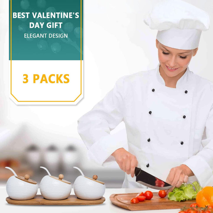 Keramik Gewürzgläser Set, 3 Stk Zuckerdose Gewürzdosen mit Bambus Deckel, Löffel und TablettSet, 170