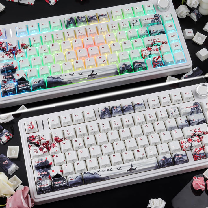 PBT German Keycaps, 133 Keys Double Shot Landscape Plum Blossom Keycaps Dye-Sub Cherry Profile Side