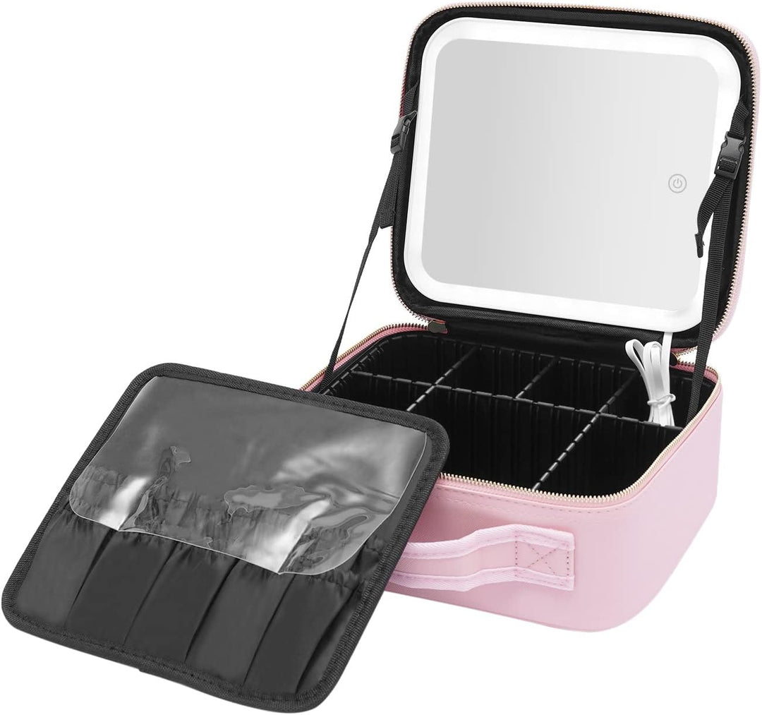 Kosmetiktasche,Make-up Tasche mit 3-Farben-Licht,Kosmetikkoffer mit Spiegel,Kosmetikkoffer Damen,Rei