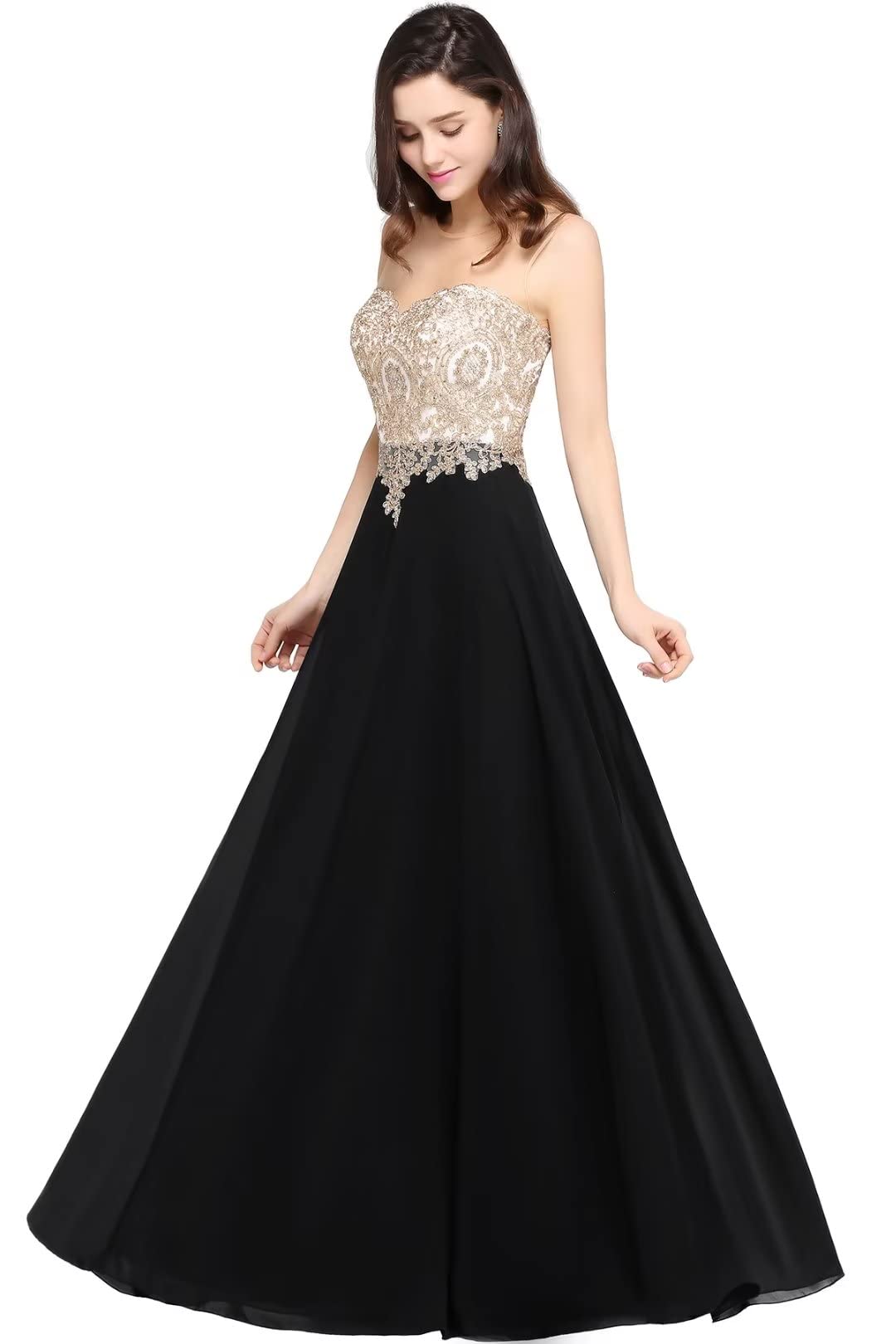Misshow Abendkleid Chic Lang mit floralen Applikationen aus Chiffon Gr. 30 Schwarz, 30 Schwarz