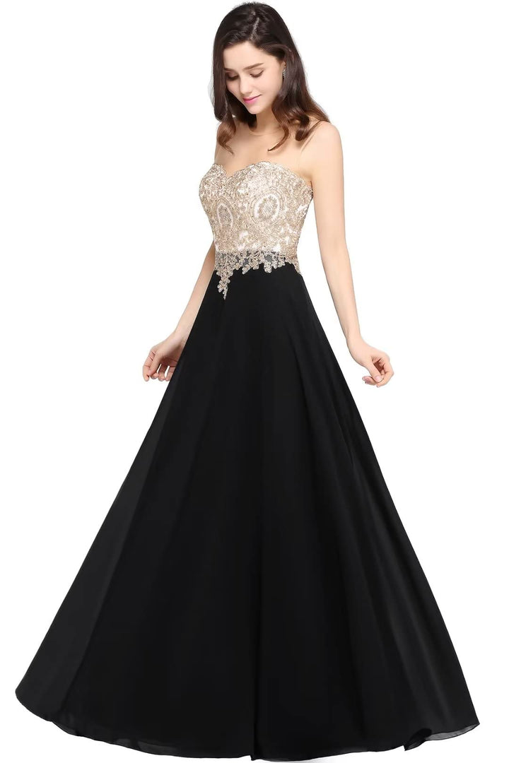 Misshow Abendkleid Chic Lang mit floralen Applikationen aus Chiffon Gr. 30 Schwarz, 30 Schwarz