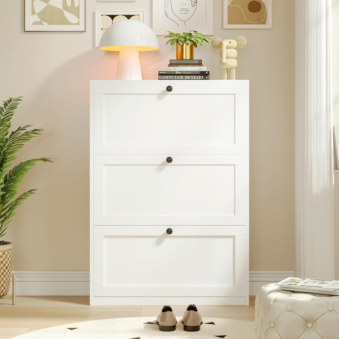 VOWNER Schuhschrank mit 3 Klappen, Schuhregal Schuhkipper Schmal, Schuhschrank Weiss, mit 6 Fächern,