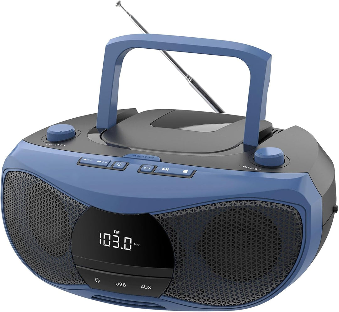 LONPOO Tragbarer CD-Player | Stereo Bluetooth Boombox | FM Radio-Drehknopf | Auto-Deckel-Öffnen-Knop