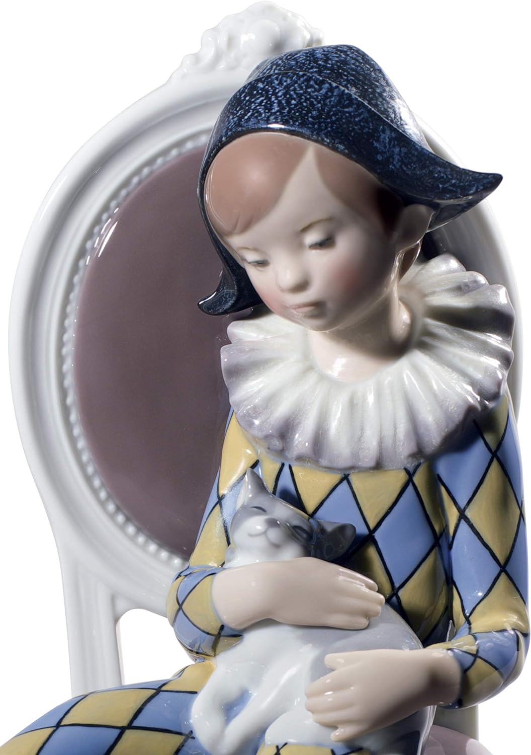 LLADRÓ Jungen-Figur Harlekin Kind. Sitzend. Blau Un Gelb. Clown. Porzellan.