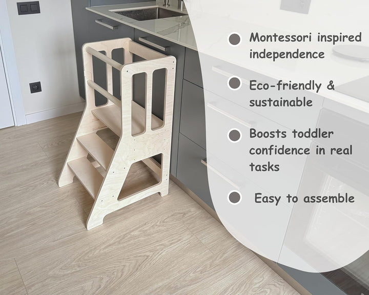 Montessori Lernturm für Kleinkinder - Verstellbarer 3-stufiger Küchenhocker Helfer - Baltisches Birk