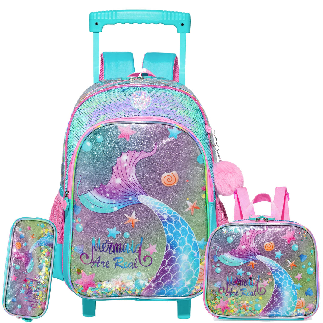 HTgroce Trolley Rucksack Mit Rollen, Federmäppchen, LunchTasche 3 in 1 Leicht Rolling Schulranzen fü