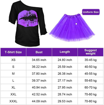 80er Jahre Outfit Damen Set, T-Shirt, Tutu, Gürteltasche, Stirnband, Ohrring, Halskette, Netzhandsch
