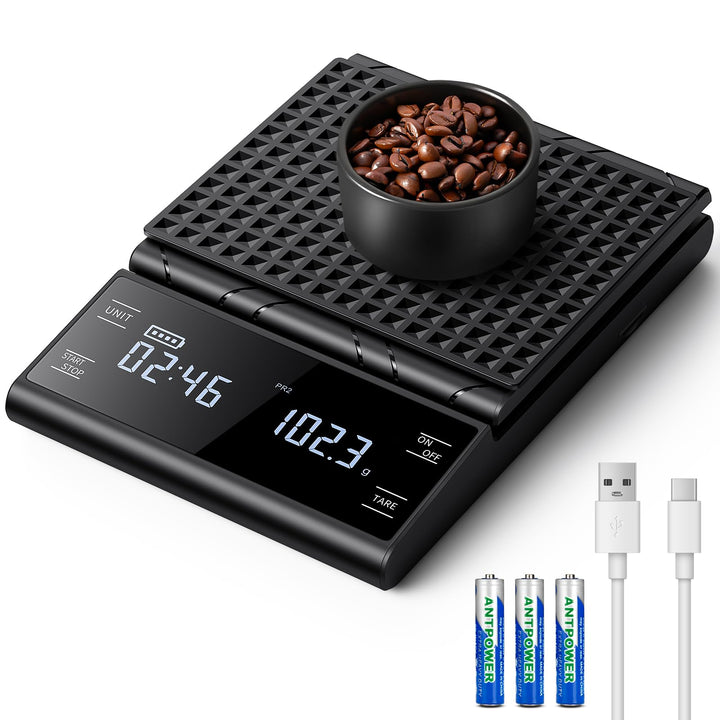 Digital Kaffeewaage mit Timer, 0,1g Hochpräzise Wiederaufladbare Espressowaage mit 4 Modi und Automa