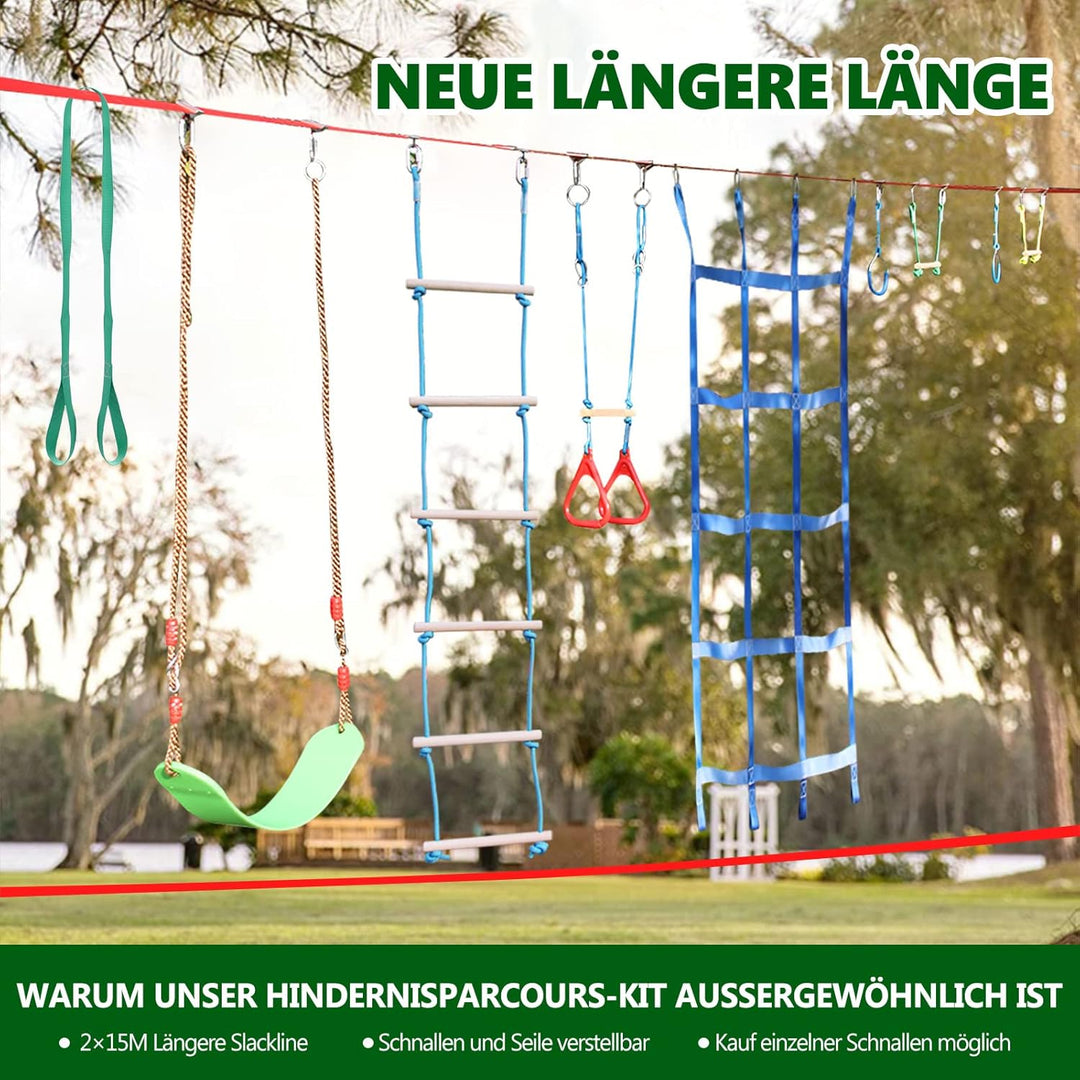 Ninja Warrior Hindernisparcours für Kinder - 15m×2 Ninja Slackline und 10 langlebige Hindernisse - O