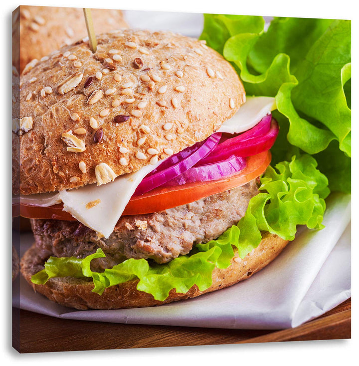 Köstlicher Hamburger, Format: 70x70 auf Leinwand, XXL riesige Bilder fertig gerahmt mit Keilrahmen,