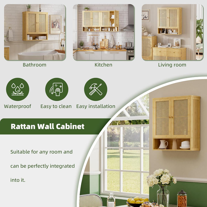 vovala Badezimmer-Wandschrank, Bambus-Aufbewahrungsorganisator über der Toilette mit 2 Rattantüren u