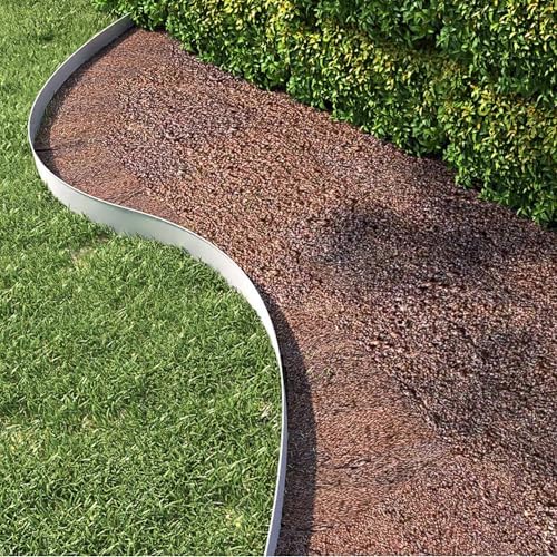 XMTECH Rasenkante Metall 10m Beeteinfassung verzinkt Gartenkante Silber | Flexible Metall Rasenkante