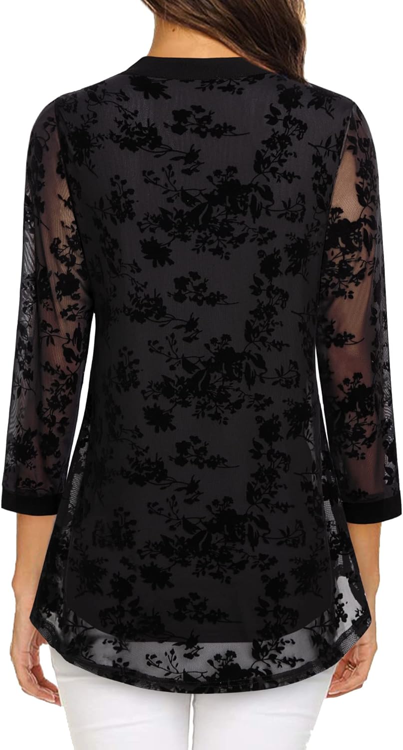 Vafoly Damen 3/4 Ärmel Oberteil Henley V-Ausschnitt Hemden doppellagig Mesh Bluse Tuniken M Beflockt